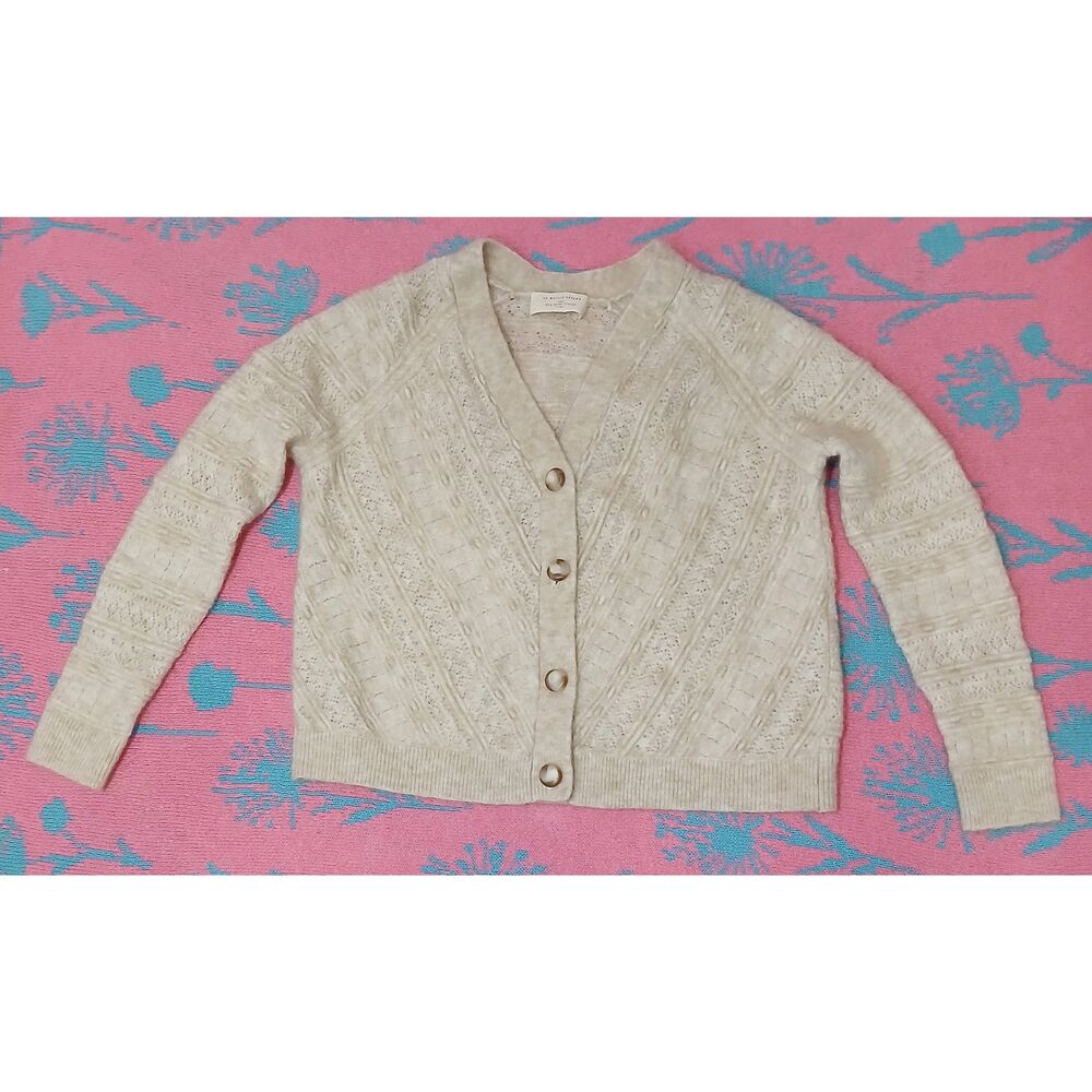 Sezane womens small cropped sweater cardigan kid mohair wool beige tan